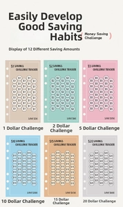 Set of A6 budget binder savings challenge cards with colorful honeycomb tracking patterns