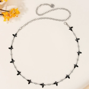 Silver butterfly waist chain with black charms and sparkling rhinestones for women