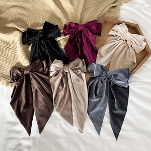 Large Velvet Bow Hair Clip With Long Streamers Retro French Style Solid Color Elegant Hairpin For Women