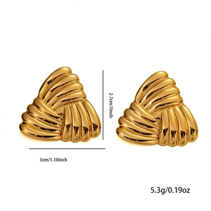 Golden irregular triangle wave stud earrings in stainless steel with dimension markings