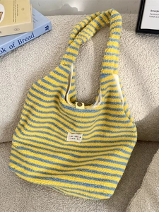 Gestreifte Plüsch Schultertasche Lammwolle Fleece Große Kapazität Tragetasche Handtasche Für Damen Studenten Alltag