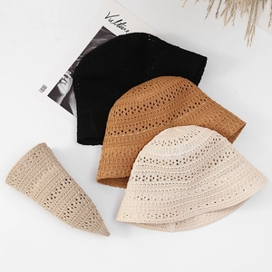 Japanese Hollow Knitted Bucket Hat Women Spring Summer Breathable Sun Protection Dome Wide Brim Woven Basin Hat Foldable