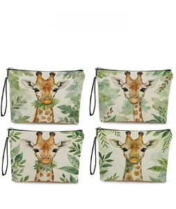 Detailed grid view of four giraffe and tropical leaf print zippered canvas makeup bags
