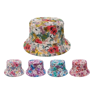 Detailed view of floral bucket hats in multiple colors for summer sun protection