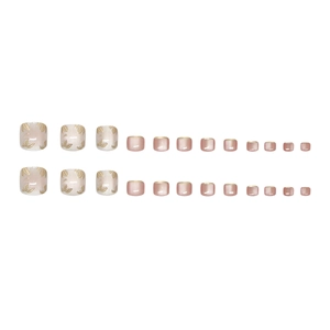 French style 24pcs pearlescent pink press-on toenails with golden leaf accents
