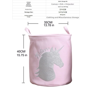 Detail showing 35x40cm size specs for pink unicorn canvas storage bin with dual handles
