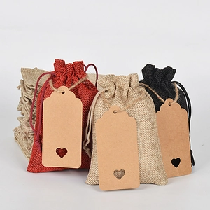 Linen gift drawstring bags in red, beige and black with heart tags for jewelry packing