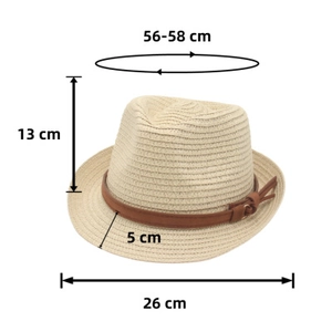 Detailed size chart for beige straw trilby hat showing 56-58cm brim and dimensions