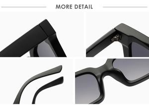 Detailed views of matte black square frame sunglasses hinges, temples, and nose pads