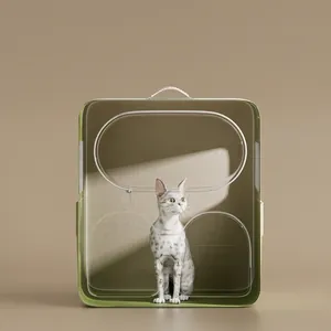 Olive green pet carrier bag with large transparent windows and top handle for cats
