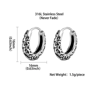 Detail of 16mm 316L stainless steel vintage hoop earring showing dimensions and weight