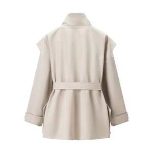 Classic beige mid-length trench coat for women with waist tie and back view detail
