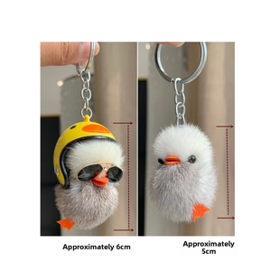 Detail of plush chick keychains in 5cm and 6cm sizes featuring duck helmet and faux fur