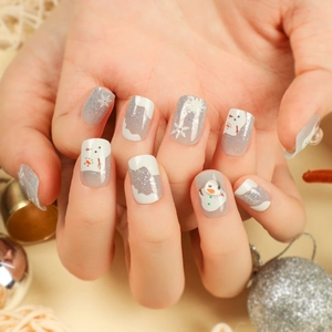 Press On Nails Soft Gel Artificial Snowman Snowflake Silver Glitter Gray Christmas Winter Holiday For Women