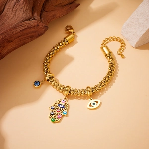 Gold Hamsa Hand and Evil Eye stainless steel bracelet with colorful enamel charms