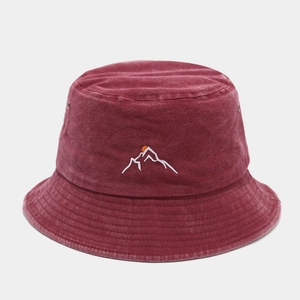 Burgundy washed cotton bucket hat with mountain sunset embroidery for outdoor hiking