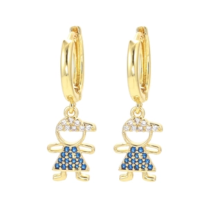 Orecchini dorati con ciondoli bimbo e bimba con micro pavé di cristalli blu brillanti