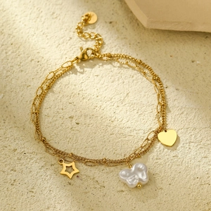 18K gold stainless steel bracelet featuring sun flower chain and pearl heart pendant