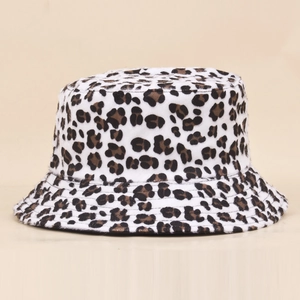 Plush leopard print bucket hat for women in soft faux fur material for autumn outings