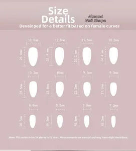 Detailed size chart for 24pcs almond press-on nails in 12 specific dimensions