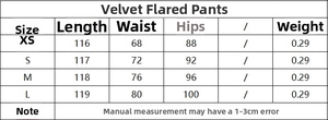 Tableau des tailles détaillé pour pantalon évasé en velours avec mesures