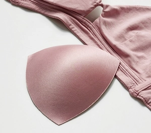 Close-up of ribbed mauve wireless bra with a removable breathable foam pad
