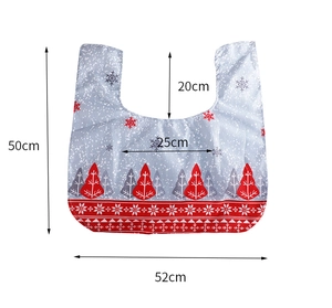 Detailed size chart of a grey Christmas reusable shopping bag with tree patterns