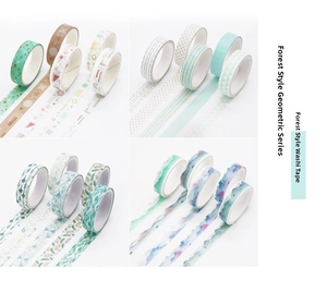 Detail of watercolor washi tape set featuring geometric and natural forest patterns