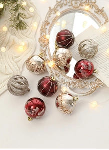 Detailed view of luxury red and silver Christmas ball ornaments with glitter and beaded textures