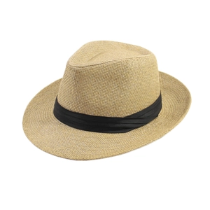 Detail of Panama straw hat featuring tight weave texture and black pleated ribbon trim
