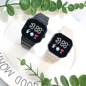 Close-up of square LED digital watches with silicone bands in black and beige tones