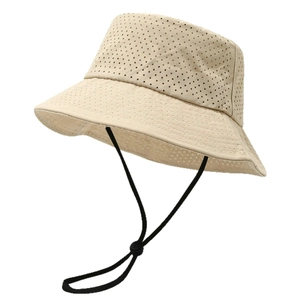 Breathable khaki sun hat with mesh holes and adjustable chin strap for outdoor fishing