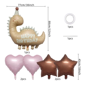 Detail of dinosaur balloon set with dimensions and components for party decorations