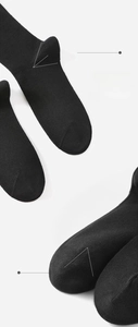Detail view of reinforced heel and seamless stitching on black cotton knit socks
