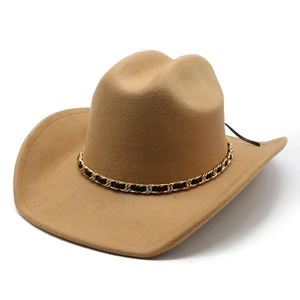 Classic camel wide brim western cowboy hat with decorative gold metal chain and leather band