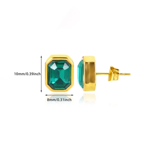 Detailed view of emerald rectangle earrings in gold setting with size measurements
