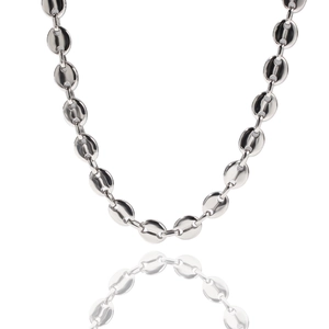 Polished silver stainless steel coffee bean link necklace with pig nose buckle design
