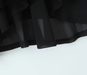 Detail of multi-layered ruffled hem on black mesh chiffon dress with fine stitching