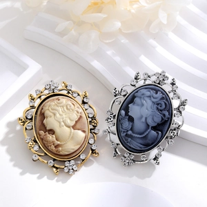Vintage cameo portrait brooches in gold and silver finish with sparkling crystal accents