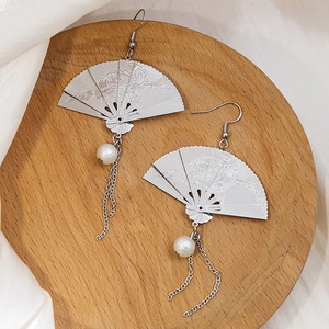 925 silver Chinese style fan drop earrings with pearls and long tassel on wooden tray