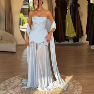 Elegant light blue satin evening dress with pearl trim, sheer tulle skirt and shawl