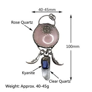 Vintage rose quartz sun and moon crystal pendant with antique bronze finish measurements