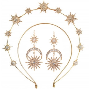 Detailed set of gold star and moon bridal headband with matching crystal earrings