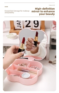 Pink clover flower makeup mirror with partitioned jewelry organizer base for desk
