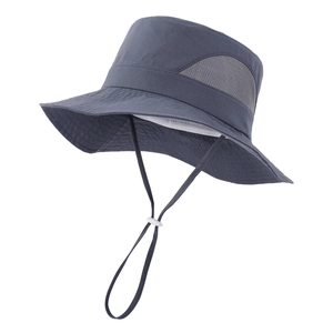 Close-up of dark gray sun hat with breathable mesh panels and adjustable chin strap