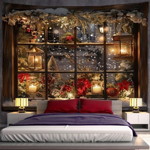 Detail view of festive Christmas wall tapestry with snow window and holiday decor