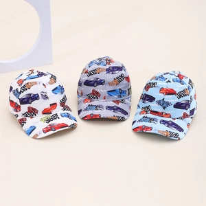 Three children's baseball caps featuring colorful speed racer prints in white, grey, and blue
