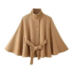 Detailed front view of camel wool cape coat with stand collar and waist belt detail