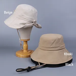 Japanese style sun hat with wide brim and adjustable wind rope in beige and black colors