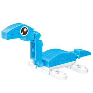 Detailed view of the blue and white plastic dinosaur brick model for children's building fun